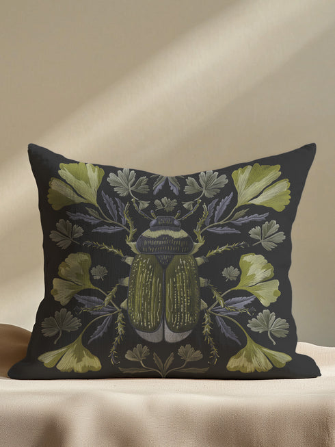 Verdant Botanical Beetle Pillow Cover